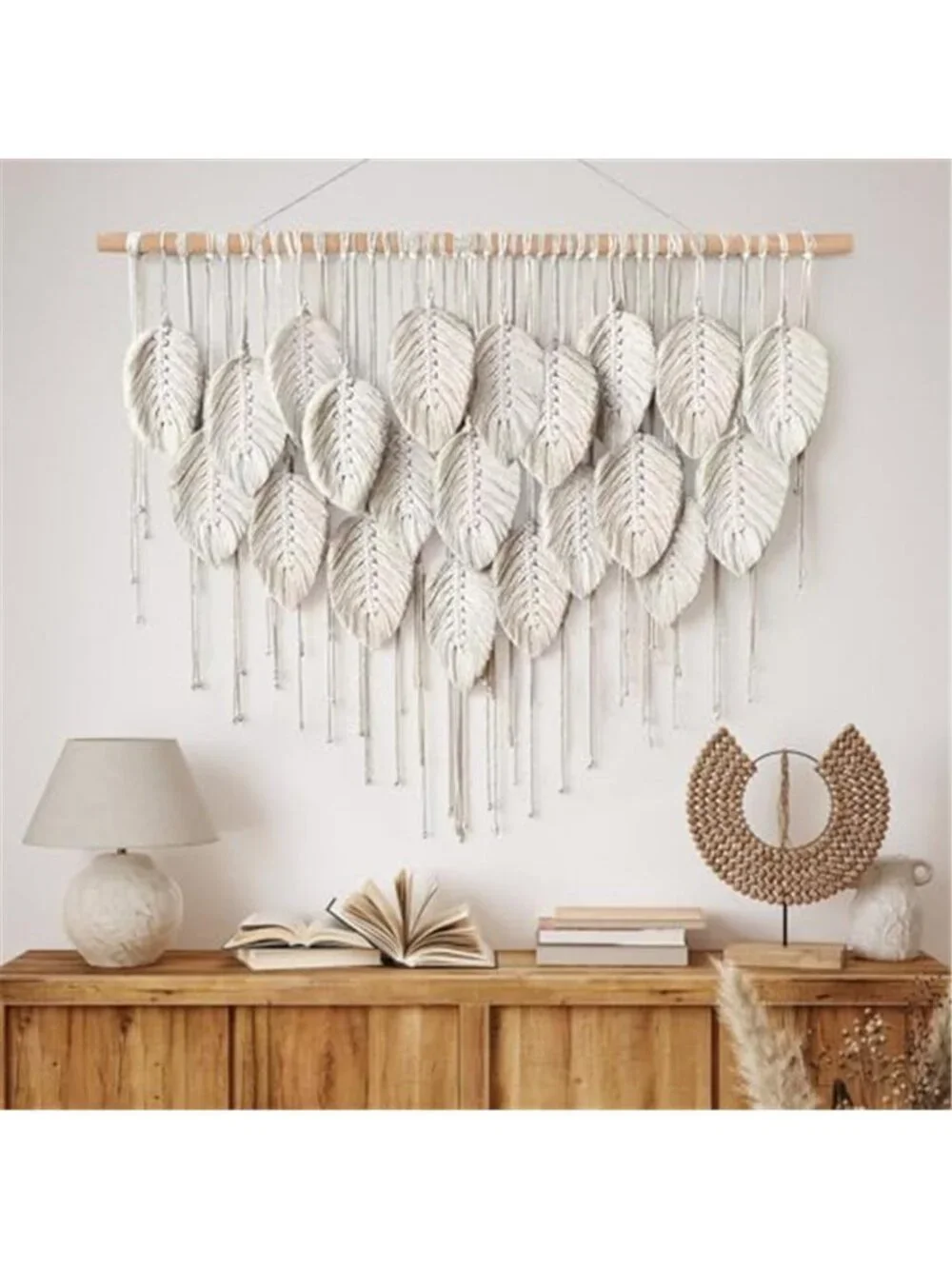 Macrame Wall Hanging Boho Beige Leaves Tapestry Bohemian Handmade Woven Wall Art